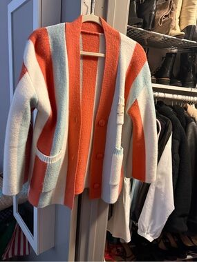 Womens Striped Open-Front Cardigan Jacket - Orange, White & Light Blue